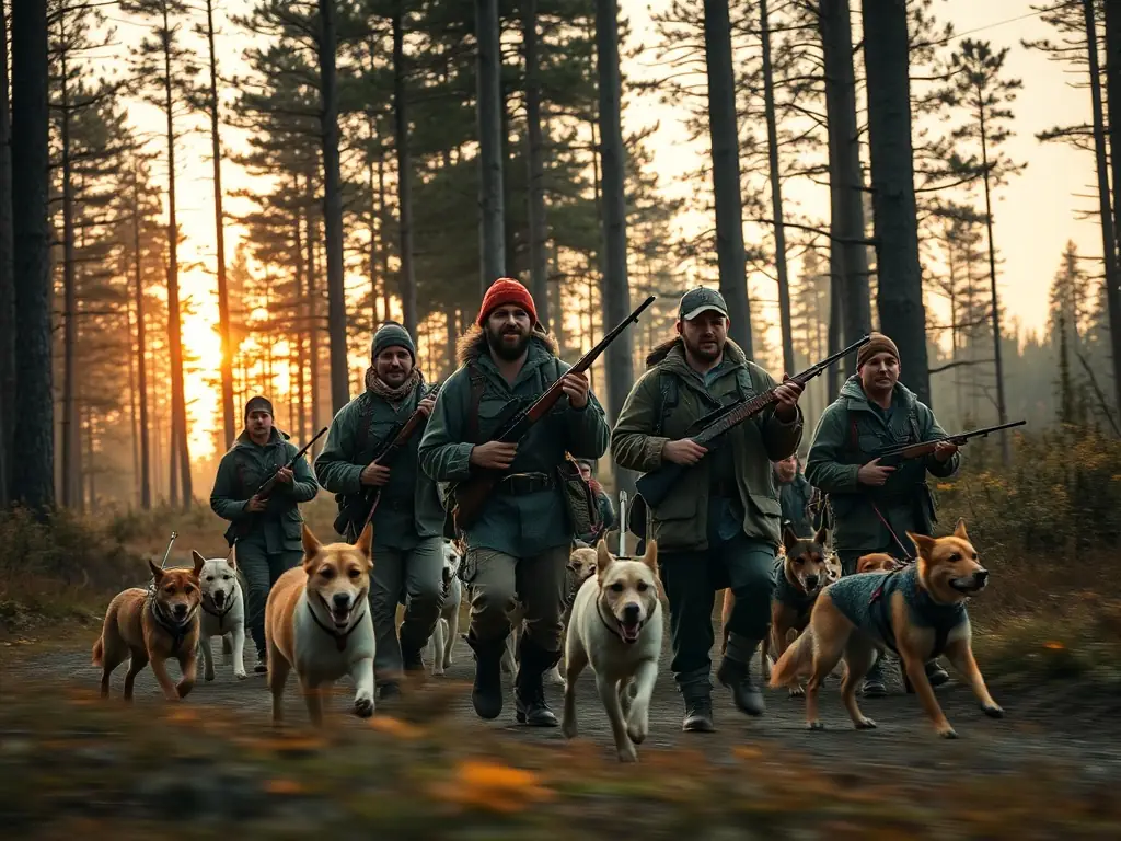 A group of hunters with hounds in a forest, participating in a training session organized by the FRENCH ASSOCIATION FOR THE FUTURE OF HUNTING WITH HOUNDS. The image should convey a sense of tradition, camaraderie, and respect for nature.