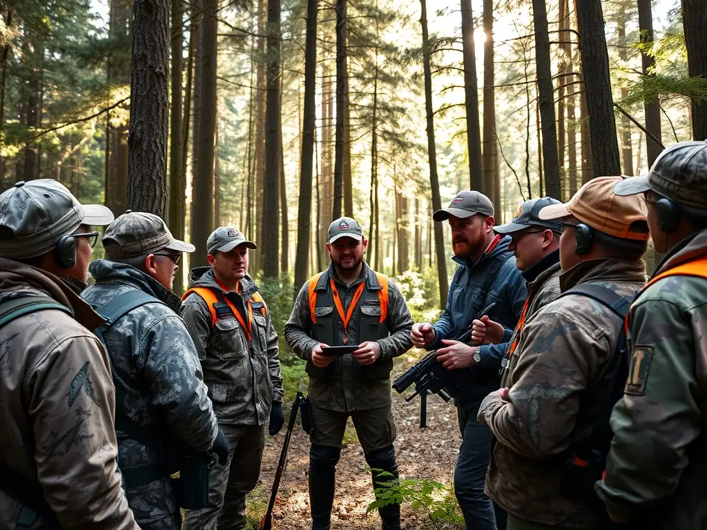 A group of hunters in traditional attire training with hounds in a scenic forest setting, demonstrating the practical skills and teamwork involved in hunting with hounds.